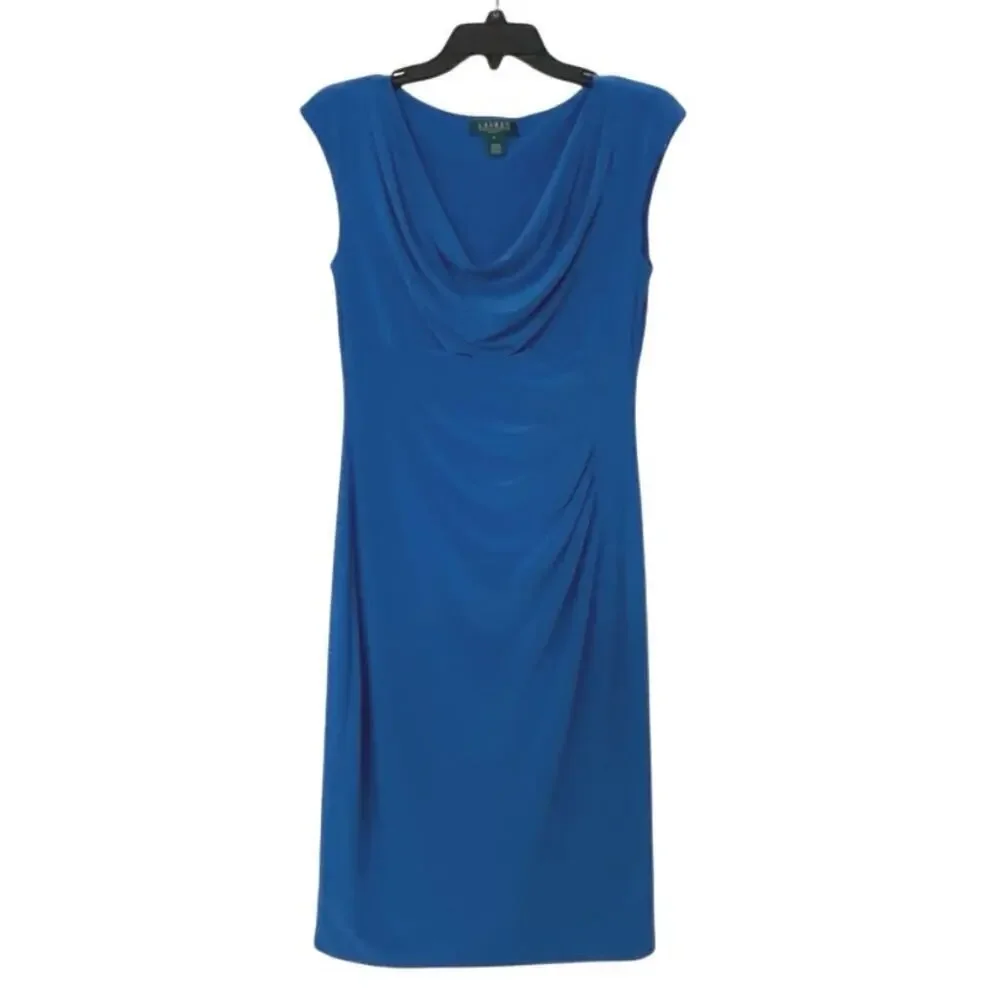 Lauren Ralph Lauren Sleeveless Blue Cowl Neck Ruched  Fitted Midi Dress Size 8